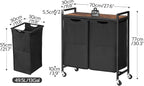 HOOBRO Laundry Hamper, Laundry Sorter 2 Section, 2 × 13 Gal (49.5L), Laundry Basket with Wheels, Rolling Cart, Pull-Out and Removable Oxford Fabric Bags, Rustic Brown and Black BF72XY01