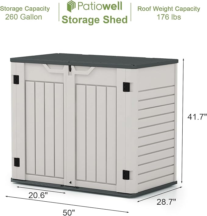 Patiowell Outdoor Storage Shed - Horizontal Storage Shed for Patio, Garden, Backyards, Multi-Opening Door Easily Storage for Trash Cans, Lawn Mower, Tools, 36 Cu Ft Without Shelf, Grey