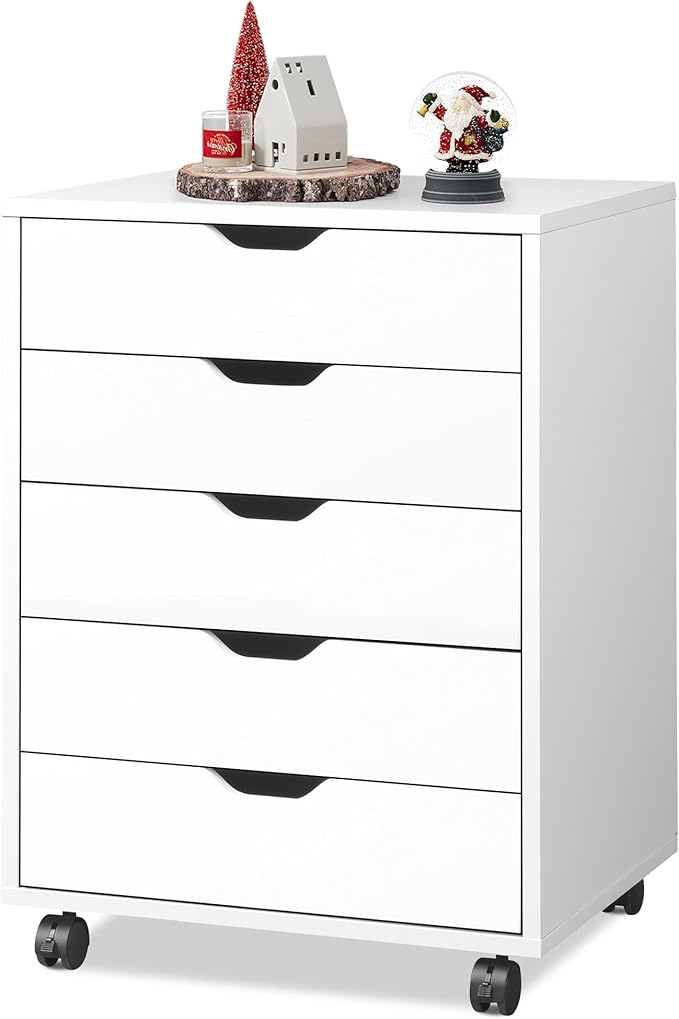 DEVAISE 5-Drawer Chest, Wood Storage File Cabinet with Wheels, White