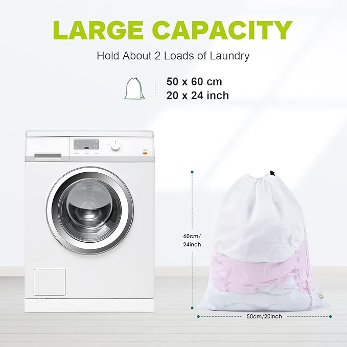 OTraki 2 Pack Mesh Laundry Bag 20x24 Inch Heavy Duty Laundry Fine Mesh Bags Dirty Clothes Drawstring Laundry Wash Bag Delicates Net Storage Travel Bag Don't Drying, Melting 140-176℉ White