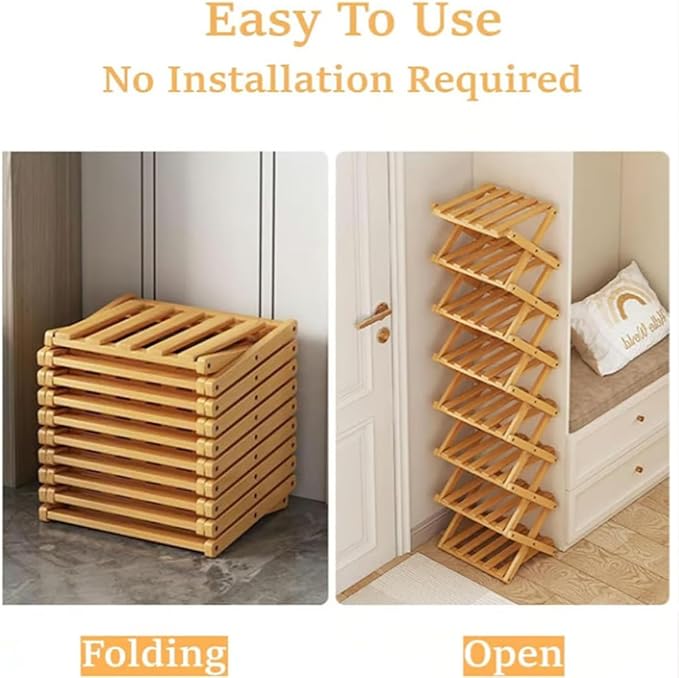 The 9-Tier No-Assembly Bamboo Rack, Foldable Stackable 9 Tier Bamboo Shoe Rack Vertical Storage Sturdy & Stable, Tall Narrow Space-Saving Expandable Shoe Rack for Entryway Closet Dorm (Nature,3 Tiers)