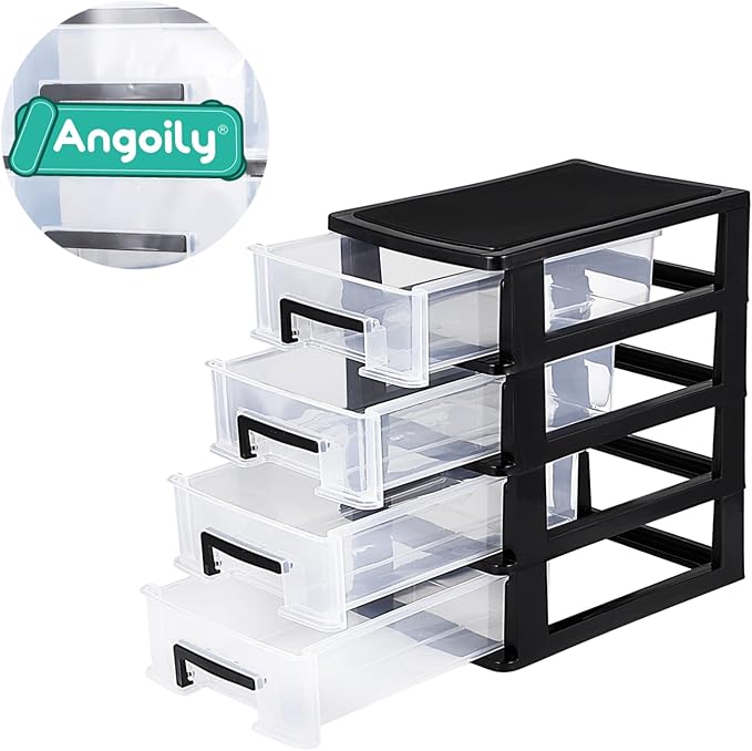 Angoily 4 Drawer Desk Organizer, Plastic Home Office Storage Organizer, Makeup Organizer Storage Station Cube, Cosmetics Jewelry Storage Box, 4 Drawer for Bathroom, Desk, Office (8.31x5.98x9.92 Inch)