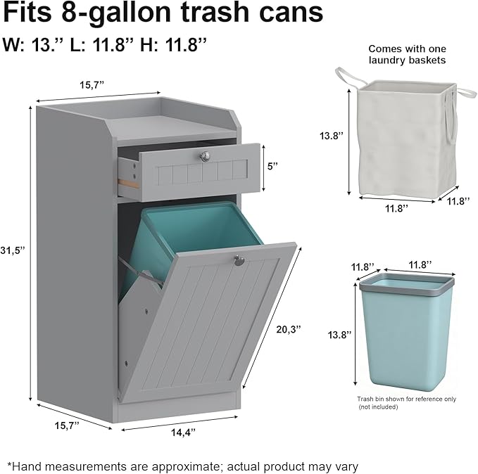 Single Tilt Out Trash Can Cabinet, Dog-Resistant, Fits 13.8"H Bins (Max 11.8"x11.8" Base), Easy Assembly, Grey for Kitchen & Laundry