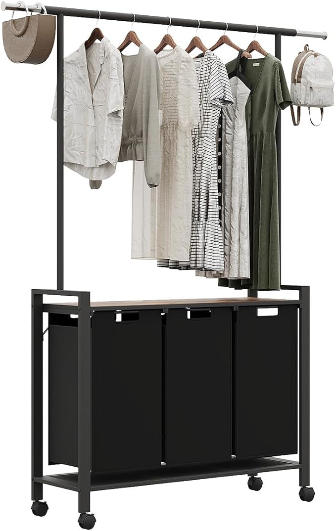 Laundry Sorter Cart with Extendable Hanging Rod, Compact 3 Section Laundry Hamper On Wheels for Apartments, Rolling Laundry Organizer, Dirty Cloth Hamper for Bathroom Laundry