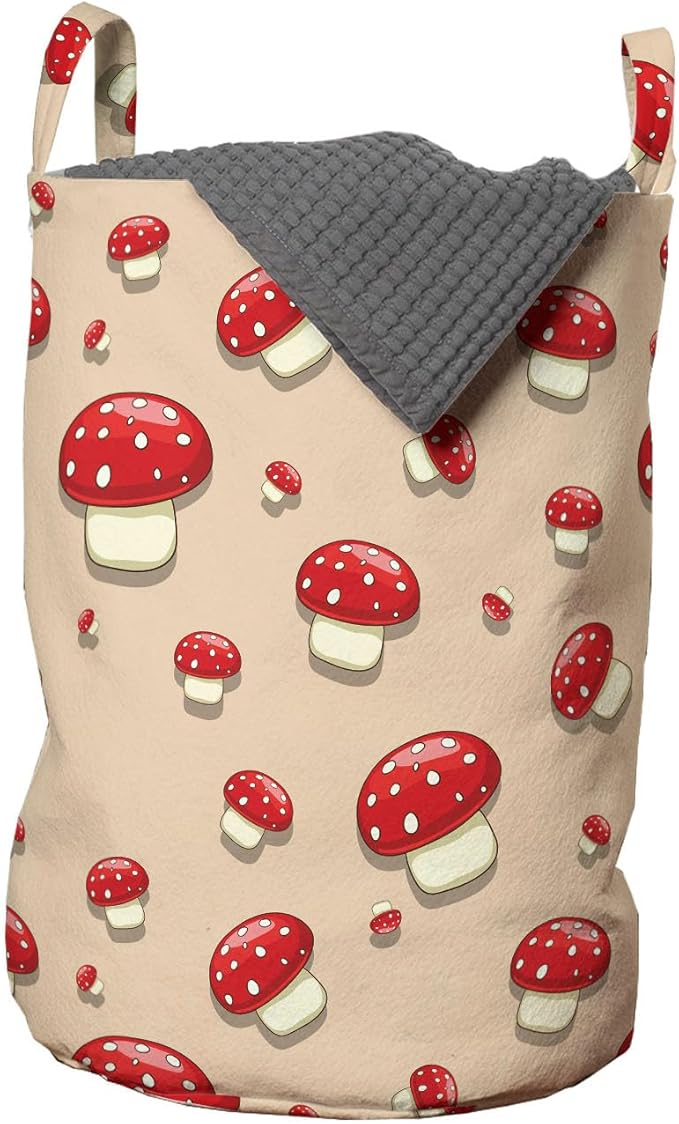 Ambesonne Mushroom Laundry Bag Pack of 2, Woodland Themed Illustration of Spotted Toadstool Summer Season Forest Cartoon, Hamper Basket with Handles Drawstring Closure, 13" x 19", Ivory Red