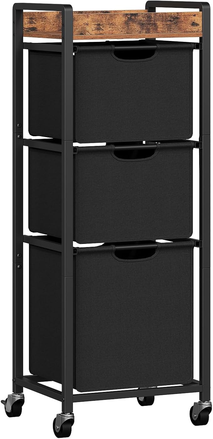 HOOBRO Vertical Laundry Hamper with Wheels, Slim 3 Section Laundry Sorter, Space Saving Rolling Laundry Cart with Removable Bags & Shelf, Laundry Basket for Bathroom, Bedroom, Rustic Brown
