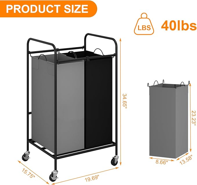 Heavy Duty Rolling Laundry Sorter Cart, 2 Removable 40L Polyester Bags, Lockable Wheels, 50×40×83cm, Space-Saving Organizer for Laundry Room Bathroom Home