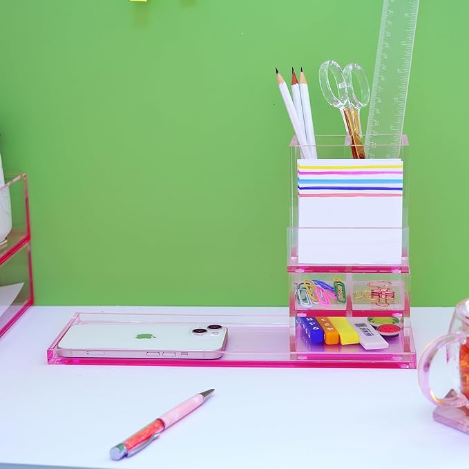 Acrylic Desk Organizer 4-Piece Desk Kit + Free Complimentary Acrylic Ruler, Desktop Organization for Office or Home，Rose Red
