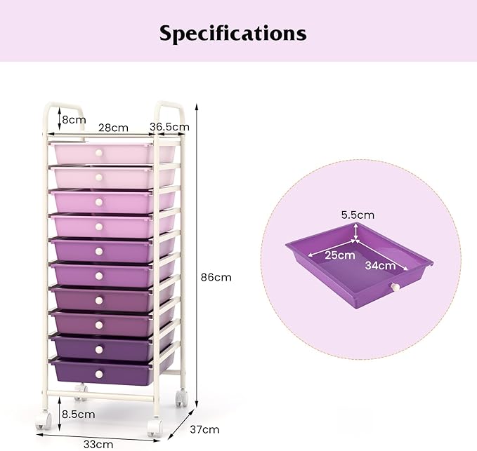 Storage Cart, Rolling Utility Cart with 10 Drawers, Portable Handles & Lockable Wheels, Mobile Paper Toys Storage Organizer Large Capacity for Home Office School Teacher (Purple Gradient)