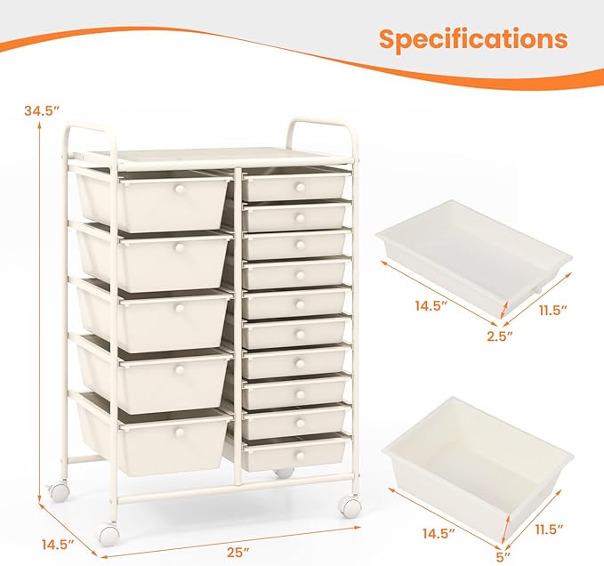 Giantex 15 Drawers Rolling Cart, Classroom Organizers, Storage Cart with Wheels, for Teacher Office Home School Supplies Tool Craft Art Paper