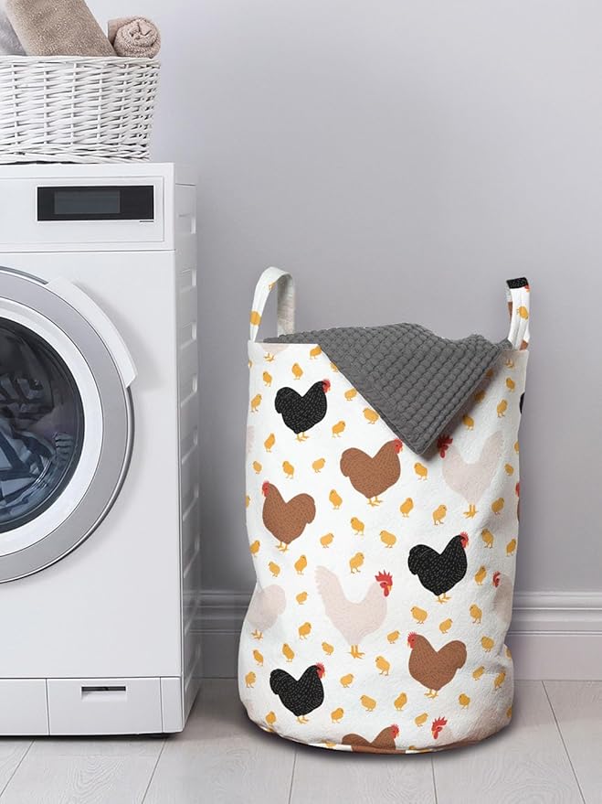 Ambesonne Hen and Chicks Laundry Bag Pack of 2, Farm Themed Continuous Pattern with Cartoon Domestic Birds and, Hamper Basket with Handles Drawstring Closure, 13" x 19", Black Brown