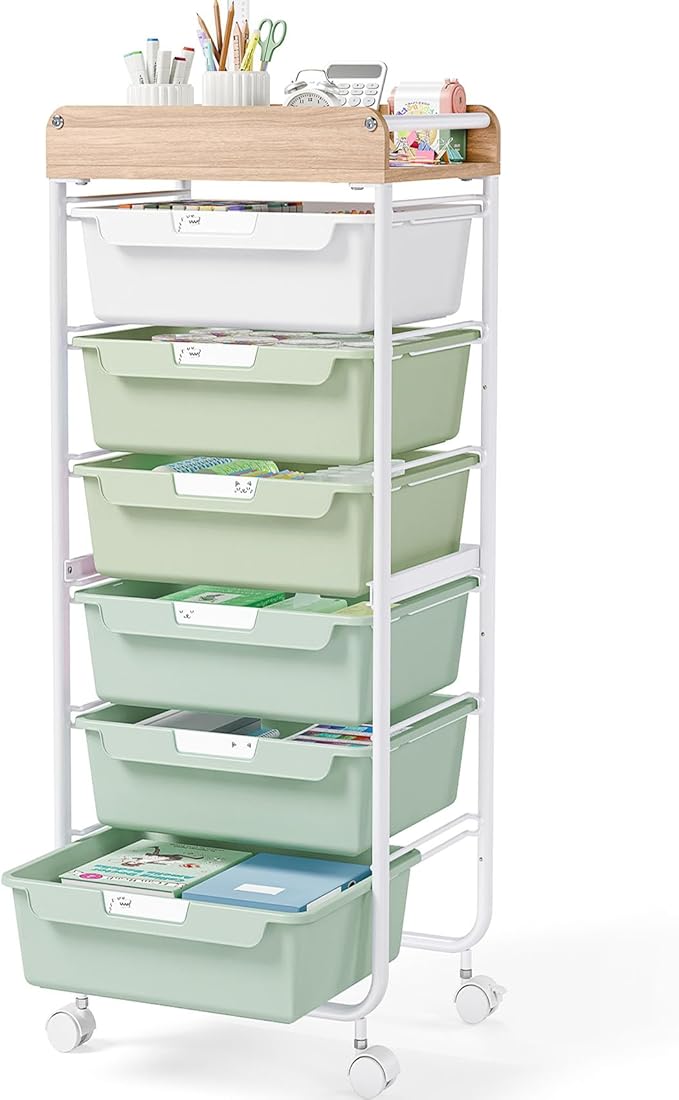 6 Drawer Rolling Cart for Craft Storage,Utility Drawer Organizer with Handle and Wooden Top,Storage on wheels for Office, Classroom,Laundry,Garage,Snack,Art Supply,Green