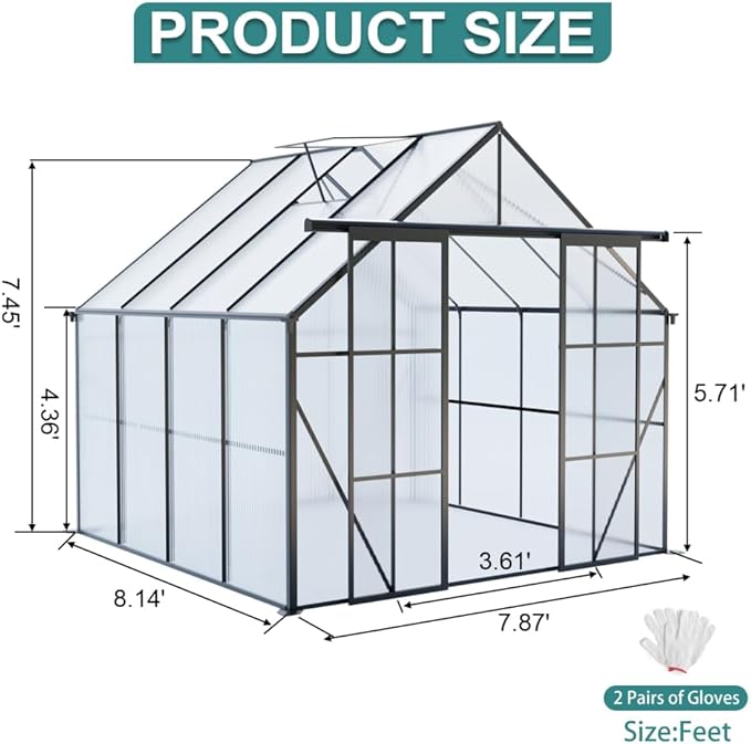 Heavy-Duty Walk-in Polycarbonate Greenhouse with Dual Sliding Doors, Adjustable Roof Ventilation, and Galvanized Steel Base for Year-Round Outdoor Gardening (Black 8*8FT)
