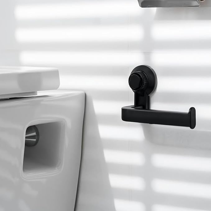 Suction Cup Toilet Paper Holder Wall Mount, Matte Black ABS Tissue Roll Dispenser, No-Drill Self-Adhesive Paper Towel Rack for Bathroom, Kitchen & Laundry Room with Strong Vacuum Grip