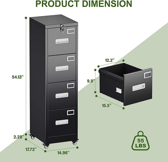 Aobabo 4 Drawer File Cabinet with Lock and Wheels, Metal Vertical Filing Cabinet with Anti-Tilt Interlock System for Home Office, Fits Letter/Legal Size, Black,Required Assembly