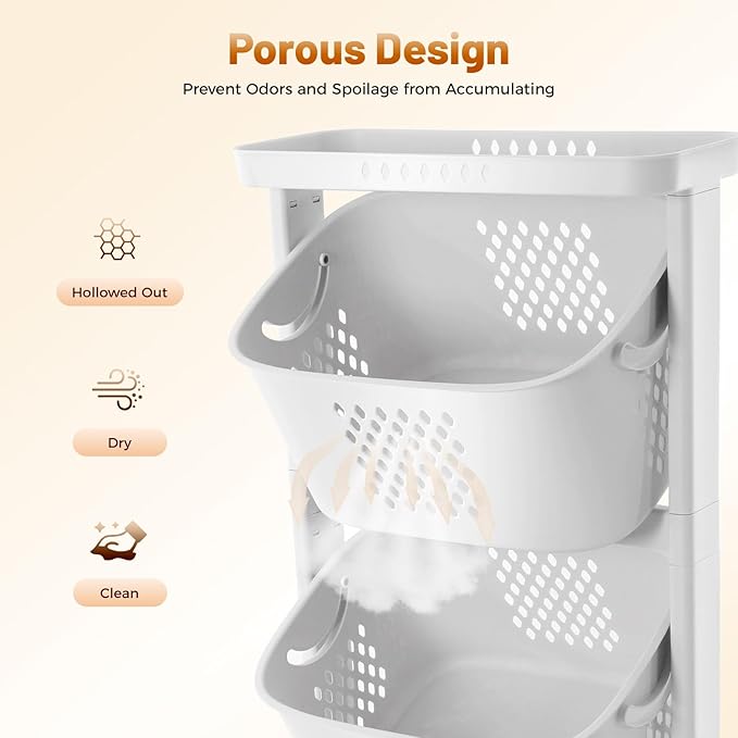 Laundry Basket, 3 Tier Sorter Clothes Storage Hampe Organizer Shelf Rolling Cart, Dirty Clothes Basket Laundry Basket with 4 360° Pulley, 55.12Lbs Load Porous Design