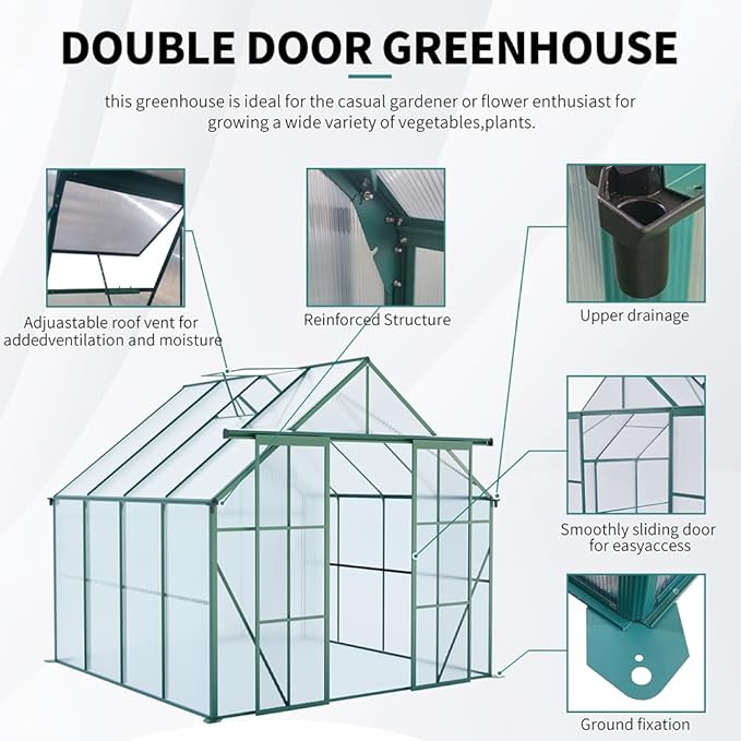 Double Sliding Door Polycarbonate Greenhouse with Rain Gutter and Roof Vent, Raised Base and Anchor Aluminum Heavy Duty Walk-in Green House, Outdoor Patio Sunroom (Green, 97.75*94.5*89.5in)