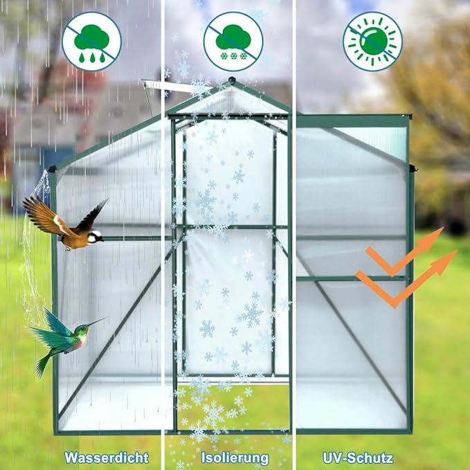 Heavy-Duty Polycarbonate Greenhouse with Double Flush Door, Rain Gutter & Adjustable Ventilation Window for Garden, Backyard or Sunroom Use (6x8 FT-1)
