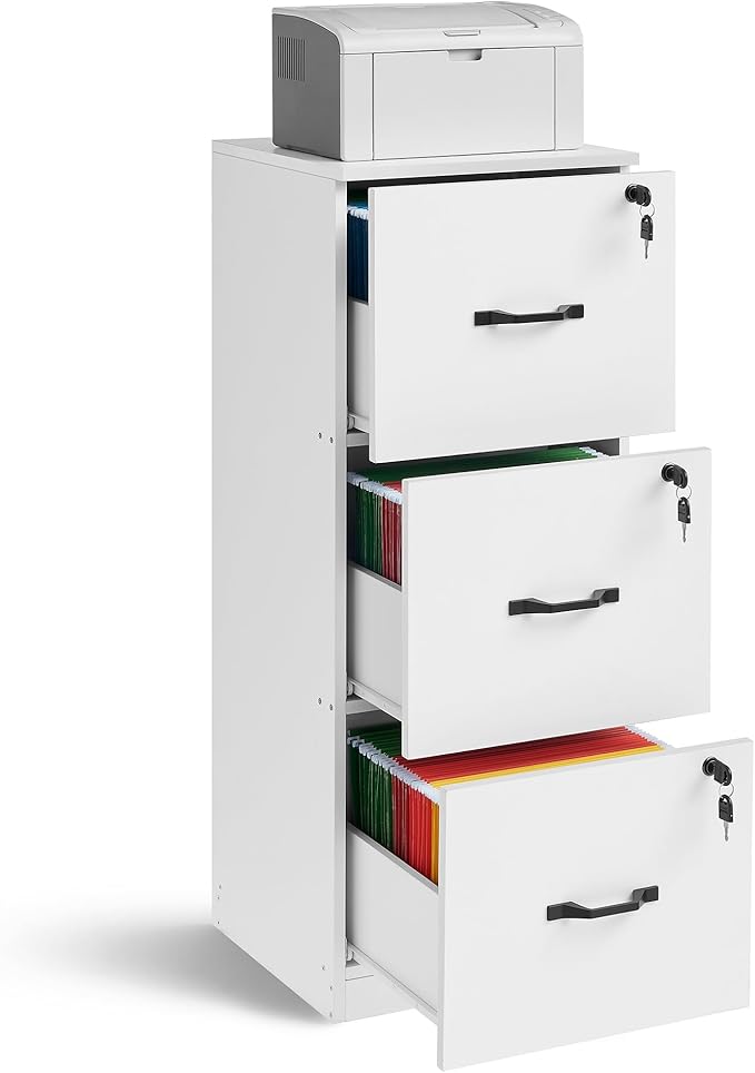 VASAGLE 3-Drawer Vertical File Cabinet, Filing Cabinet for Home Office, Printer Stand, with 3 Lockable Drawers, Adjustable Hanging Rail, for A4 and Letter-Size Files, Cloud White UOFC055W14