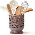 Farmhouse Kitchen Utensil Holder for Countertop, Ceramic Large Cooking Utensil Crock with Cork Mat, Decorative Rustic Utensil Holder for Kitchen Counter, Hollow Carving Flower, Purple