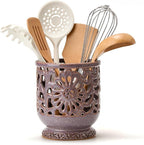 Farmhouse Kitchen Utensil Holder for Countertop, Ceramic Large Cooking Utensil Crock with Cork Mat, Decorative Rustic Utensil Holder for Kitchen Counter, Hollow Carving Flower, Purple