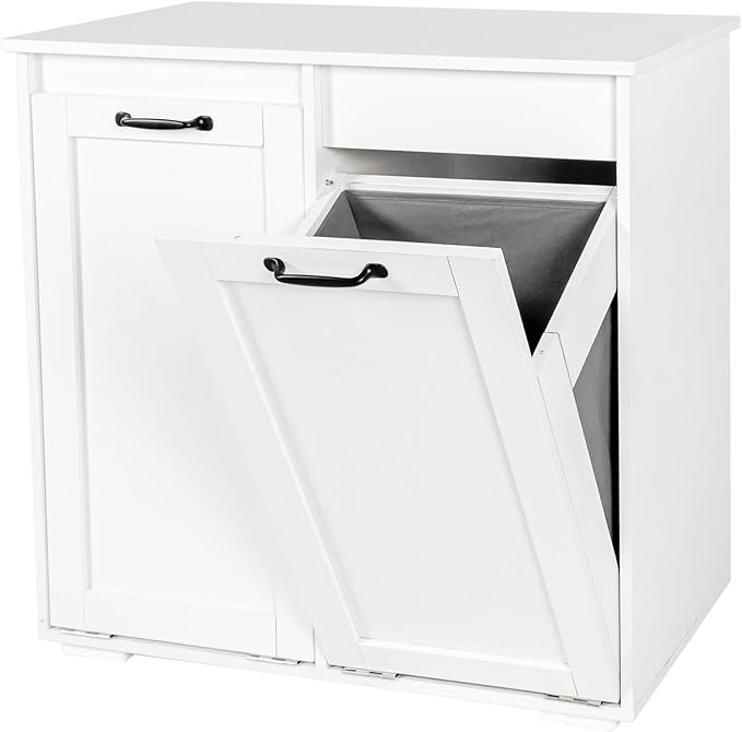 Tilt Out Laundry Sorter Cabinet with 2 Removable Liner Bags,Divided Laundry Hamper Cabinet with Semi-Circular Metal Handle and Barn Door for Space Saving (Style-02)