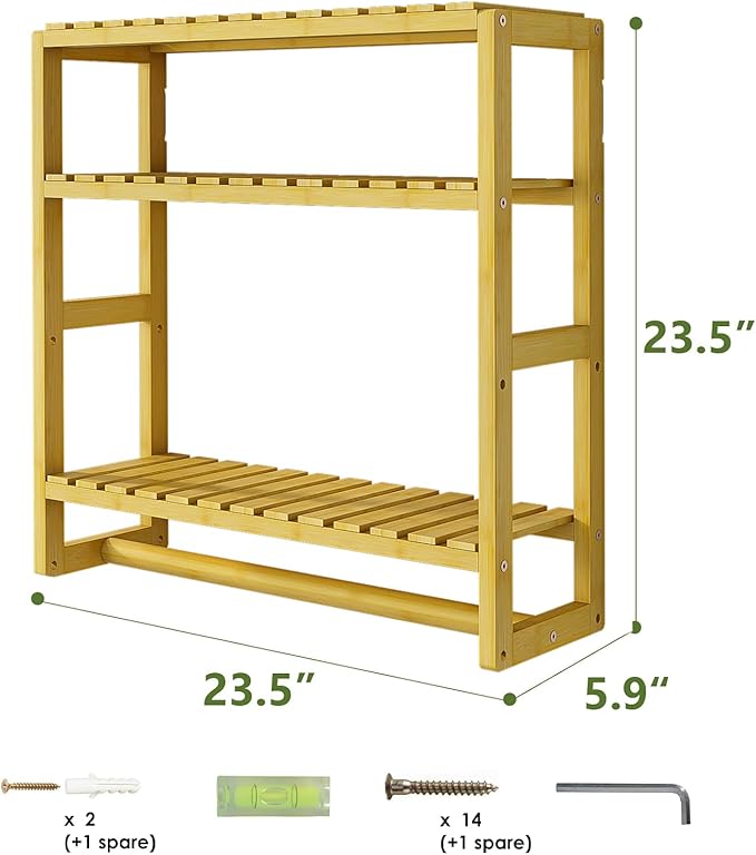 Over The Toilet Storage Bathroom Shelves Wall Mounted 3 Tier Space Saver Corner Shelf Organizer Bamboo Towel Rack Toilet Paper Cabinet with Hanging Rod Yellow