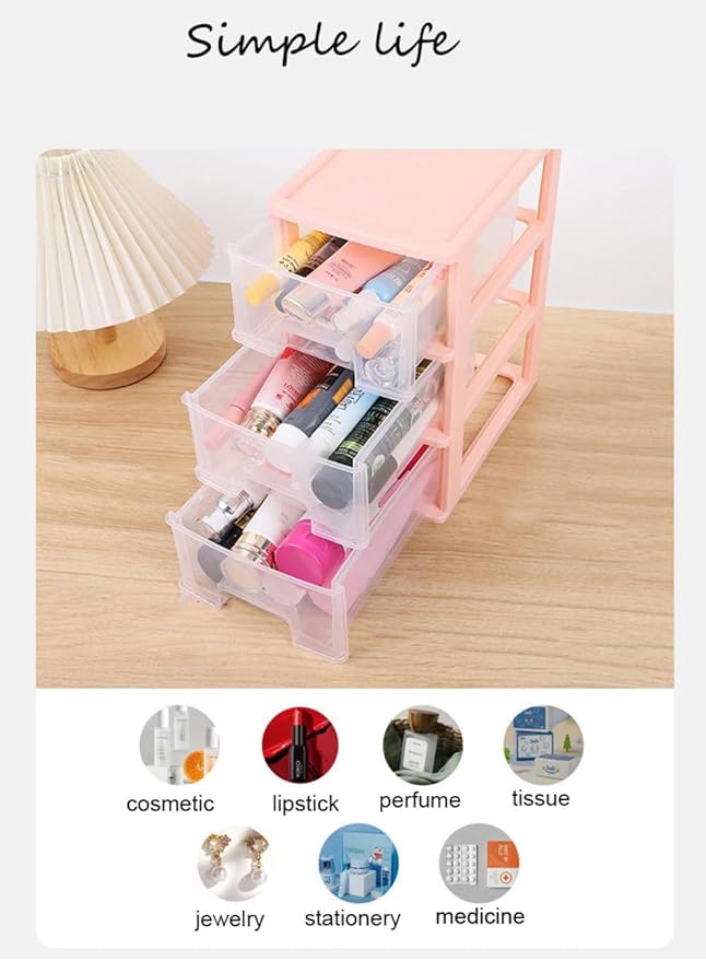 Gonice Small 3 Drawer Storage Organizer, Pink Plastic Drawer Storage, Small Desktop Organizer for Home, Office