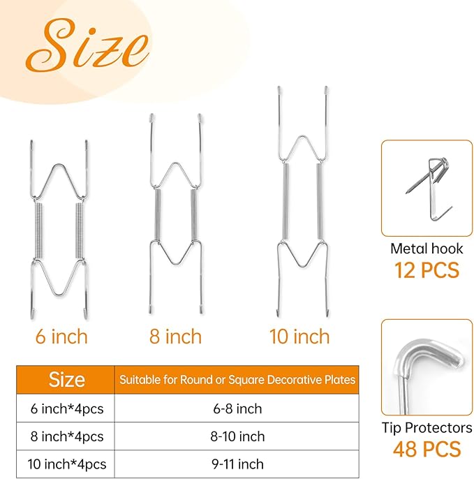 Bilillo 12 Pieces Invisible Wall Plate Hangers 6/8/10 Inches Wall Plate Hangers Stainless Steel Decorative with 12 Pieces Hook with Nails Suitable for 6-11 inch Decorative Antique and Arts(Silver)