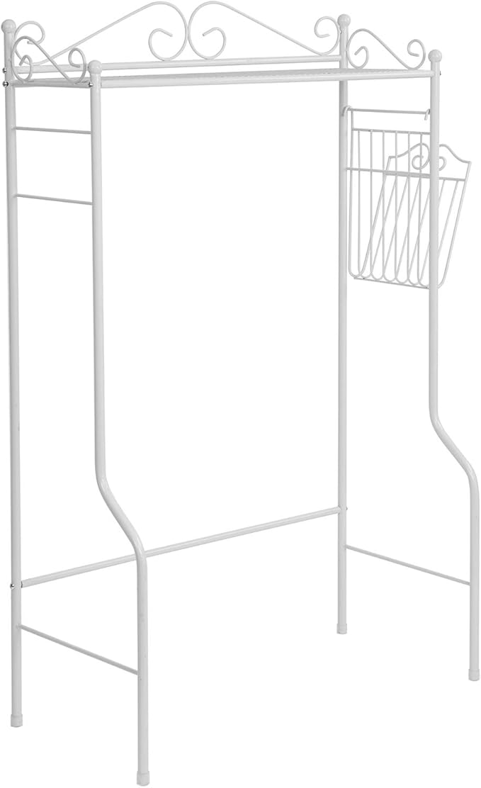 MyGift Over The Toilet Standing Shelf Storage with Magazine Basket, Freestanding Bathroom Space Saver Organizer Rack, White Metal Vintage Scrollwork Accents