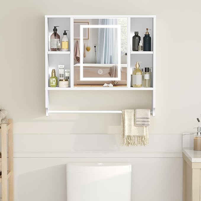 Bathroom Wall Cabinet with Mirror, Wall Mounted Medicine Cabinet with Color Adjustment LED Lights, Mirrored Over The Toilet Storage Cabinet with Adjustable Shelves, 23.6''W x 21.6''H, White