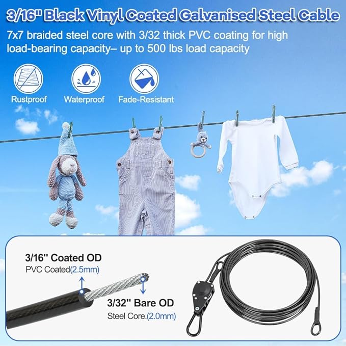 TooTaci 15ft Outdoor Clothesline Kit, 3/16" Black PVC Coated Wire Rope Portable Retractable Clothes Line Kit with Self-Locking Pulley, Screw Hook & Snap Hook for Camping, Backyard, RV, Travel