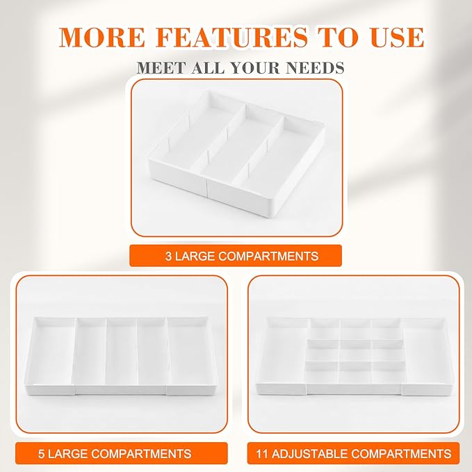 1 Pcs Large Expandable Acrylic Drawer Organizers, Grid Adjustable Drawer, Dividers Organizer for Desk, Makeup, Jewelry, Office, Kitchen Supplies (White,11 Compartments)
