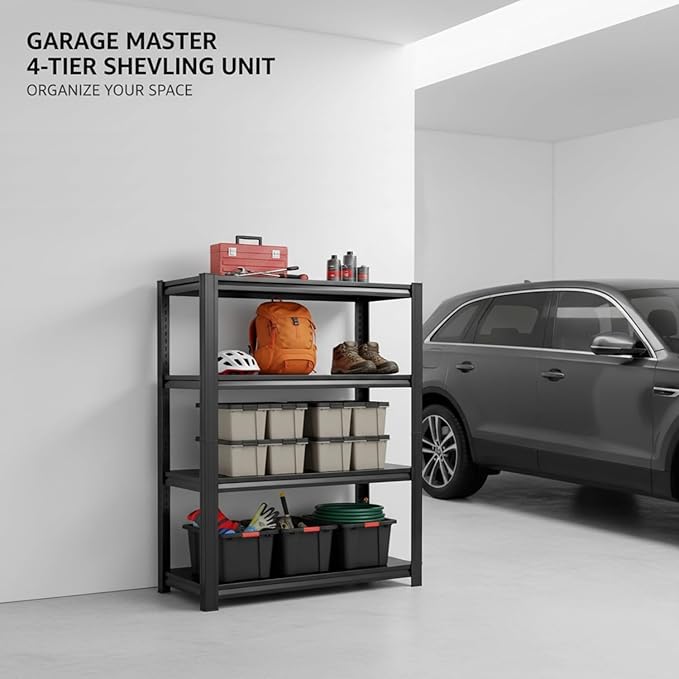 4-Tier Metal Garage Shelving Heavy Duty Adjustable Storage Shelves 2000lbs Capacity Steel Shelving Units Tool Rack Corner Shelf for Equipment & Tools (27.6" W × 13.8" D × 44.1" H)