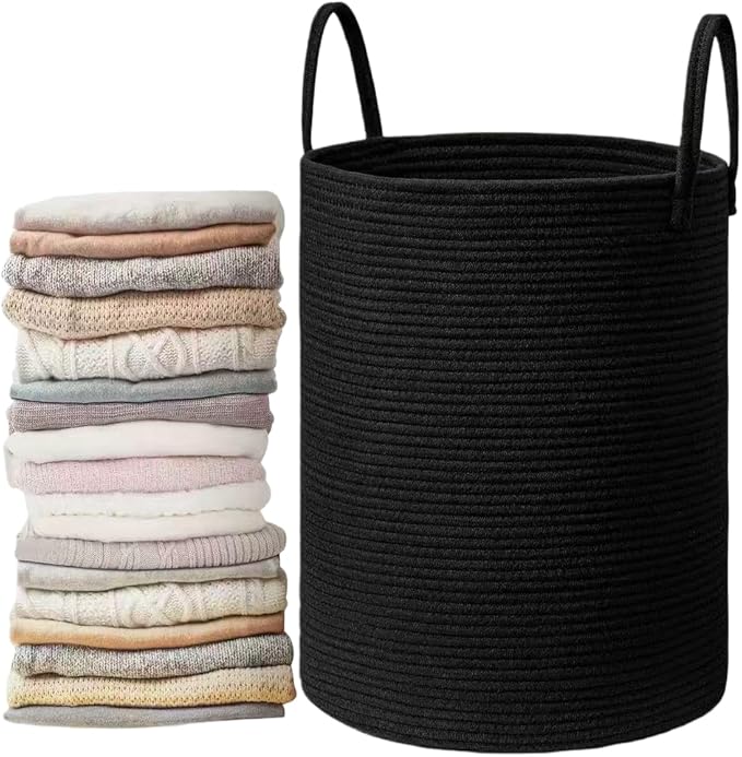58L Cotton Rope Laundry Basket - Large Collapsible Storage Hamper with Handles Suitable for seasonal storage, toy storage, and a great gift for women (Black)