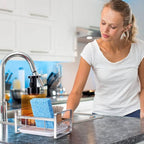 HULISEN Kitchen Sink Sponge Holder, 304 Stainless Steel Kitchen Soap Dispenser Caddy Organizer, Countertop Soap Dish Rack Drainer with Removable Drain Tray, not Including Dispenser and Brush