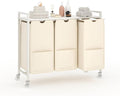 Laundry Sorter with Wheels & 100lb Top Shelf, Rolling 3 Section Removable Pull-Out Fabric Fabric Bags Hamper Basket, Sturdy White Beige Iron Organizer for Room Organization