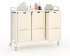 Laundry Sorter with Wheels & 100lb Top Shelf, Rolling 3 Section Removable Pull-Out Fabric Fabric Bags Hamper Basket, Sturdy White Beige Iron Organizer for Room Organization