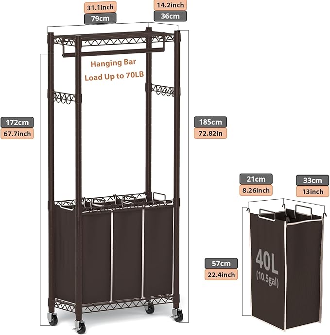 3-Section Laundry Sorter With Hanging Bar, Rolling Hamper Cart, Basket Organizer, Hanging Rack, Lockable Wheels and Removable Bags for Clothes Storage, Espresso
