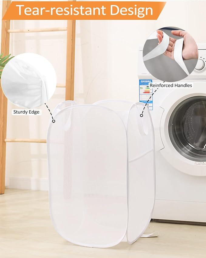 Durable Collapsible Laundry Baskets, Reinforced Mesh Pop Up Laundry Hamper, Foldable Clothes Hampers with Carry Handles for Laundry, Bathroom, Kids Room, Dorm or Travel White