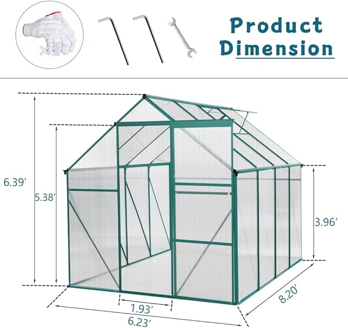 6 x 8 FT Outdoor Patio Greenhouse, Polycarbonate Board, Raised Base, Sliding Door, Adjustable Roof, Window Greenhouse, Anchor Aluminum Heavy Duty Walk-in Greenhouse