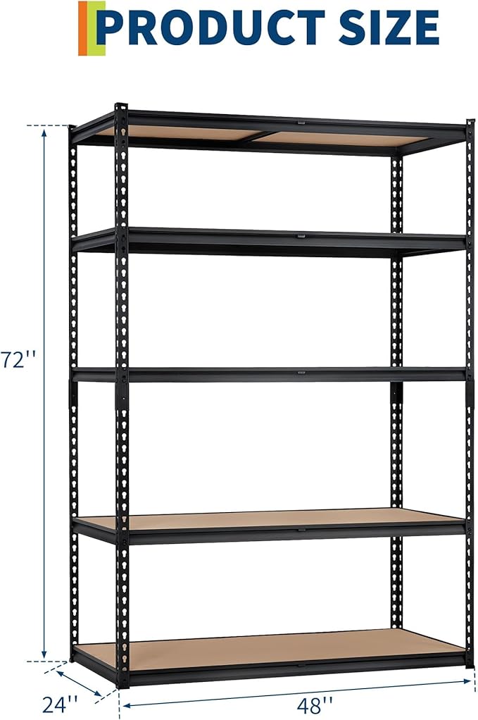 2500 LBS Heavy Duty Garage Storage Shelves, 5-Tier Adjustable Metal Shelving Unit, Storage Rack for Kitchen, Pantry, Basement, Bathroom & Laundry, 48" L x 24" W x 72" H