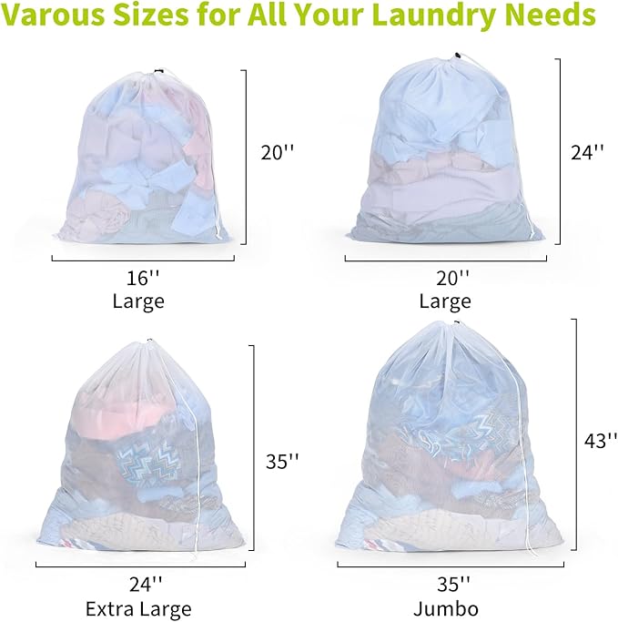 OTraki Ex-Large Mesh Laundry Bag 36x43 Inch Drawstring Laundry Wash Bags 2 Pack Dirty Clothes Net Laundry Bag Heavy Duty Travel Storage Organize Bag Don't Drying, Melting 140-176℉ White