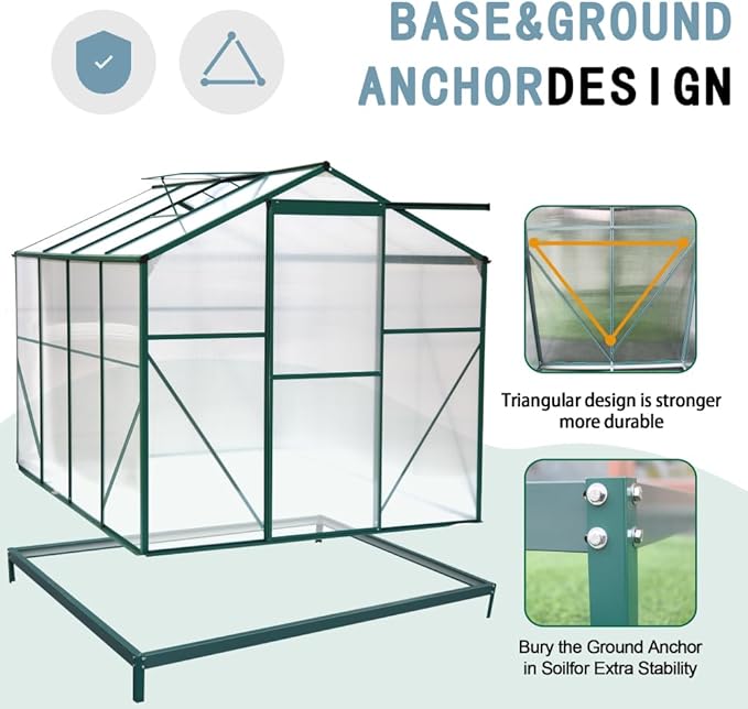 Outdoor Polycarbonate Greenhouse with Aluminum Frame, Walk-in Garden Green House Featuring Lockable Door, Adjustable Roof Vent, and UV-Protected Panels for Backyard or Patio Use (6x8 FT-1)