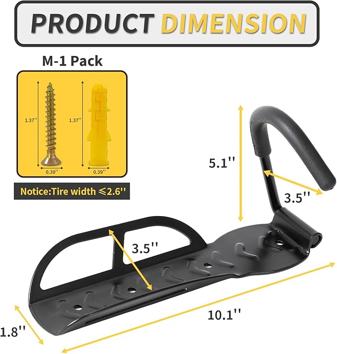 Vertical Bike Rack Wall Mount for Garage–Heavy-Duty Steel Bicycle Hook for Indoor Storage, Space-Saving Holder for Road, Mountain & Hybrid Bikes, Fits Tires Up to 2.6" Wide (1 Pack)