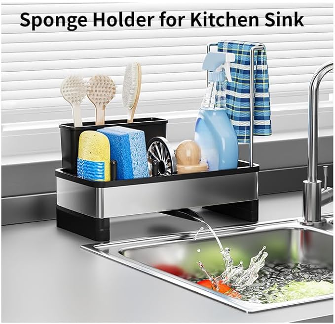 Kitchen Sink Caddy Organizer with Sponge & Brush Holder, Rustproof 304 Stainless Steel Countertop Storage with Towel Bar, Drying Rack for Kitchen Essentials