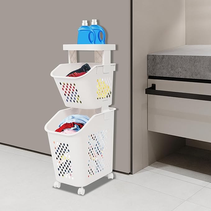 2-Tier Laundry Hamper Sorter with Wheels, Vertical Rolling Laundry Baskets Removable and Stackable, Space-Saving Cart Organizer for Dorm, Closet and Bathroom (2-Tier)
