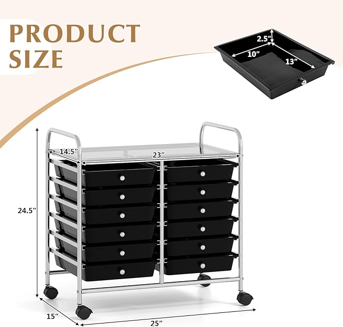 GOFLAME 12-Drawer Rolling Storage Cart, Multifunctional Art Craft Organizer Cart, Mobile Utility Storage Cart with Removable Drawers & Lockable Wheels, Craft Cart for Home Office School, Black