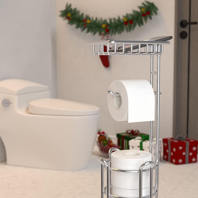 TreeLen Toilet Paper Holder Stand Toilet Tissue Roll Holder with Shelf for Bathroom Storage Holds Phone/ Wipe/ Mega Rolls-Shiny Chrome