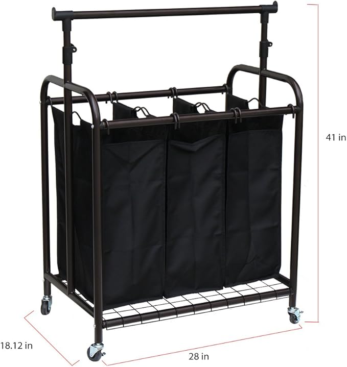 Oceanstar TLS1385 3-Bag Rolling Adjustable Hanging Bar Laundry Sorter, Bronze